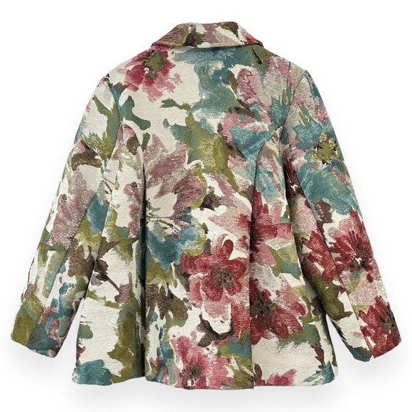 Designer Vintage Green Red Cream Pastel Paint Stroke Floral Jacket Coat - Picture 2 of 6